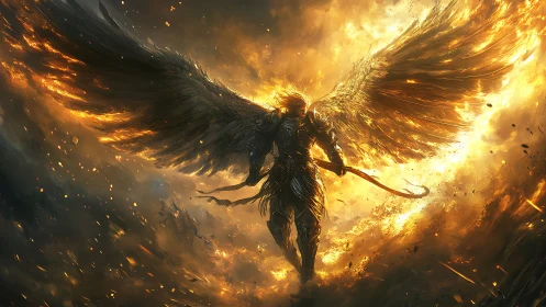 Armored fire-winged archangel in dynamic infernal composition.