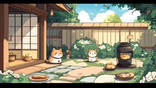 Cozy Garden Moment Where Plump Cats Gather for Warmth and Treats