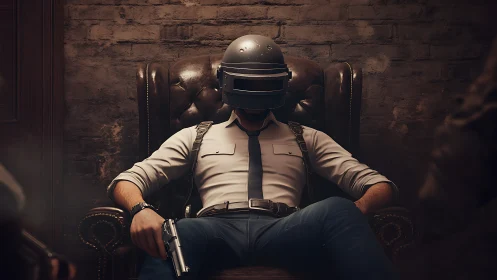 Helmeted enforcer sits armed in shadowed leather chair.