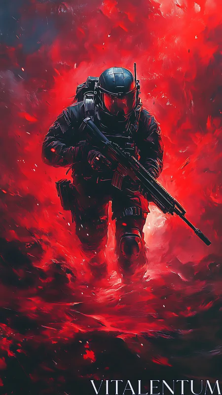 Armored soldier advances through dense red explosive haze