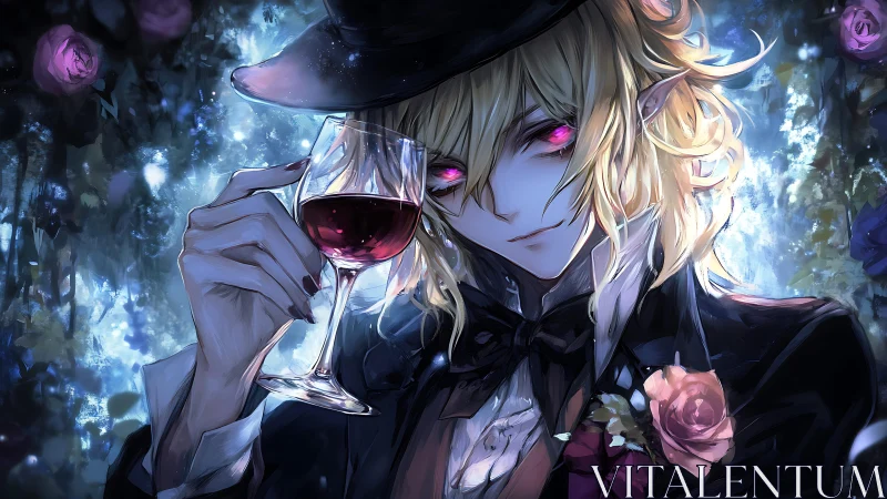 Enigmatic vampire host toasting under a twilight rose sky.