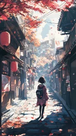 Girl walking old street under red autumn leaves at dusk.