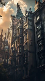 Gothic high-rise dreaming in copper dusk and quiet smoke.