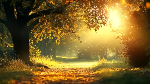 Golden forest pathway glowing in gentle morning sunlight.
