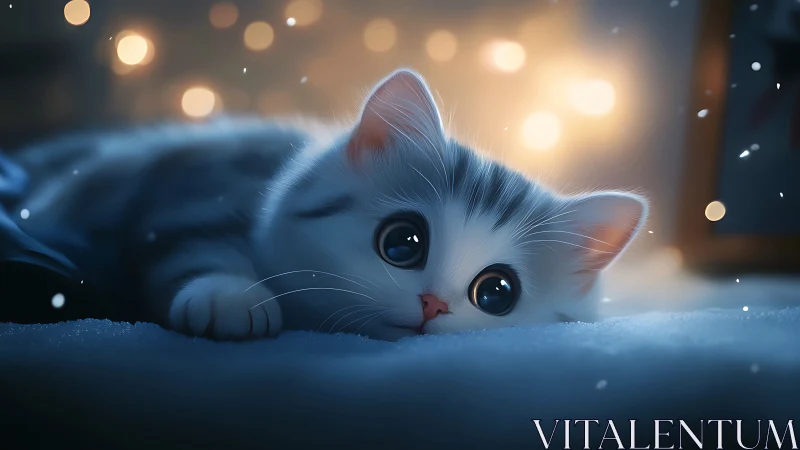 White cat lying in snow under warm bokeh lights