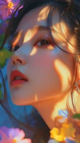 Sunlit portrait of a woman amid glowing pastel flowers.