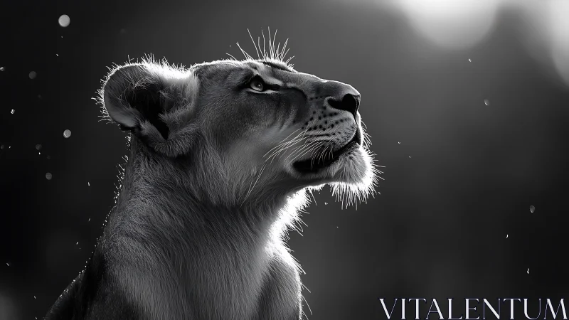 Lioness gazes upward in dramatic monochrome backlight.