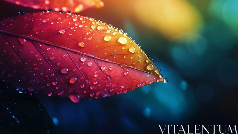 Macro view of wet leaf with multicolor light gradient.