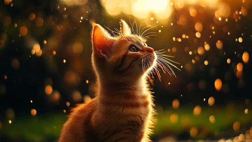 Golden Hour Portrait of Ginger Feline with Warm Ambient Bokeh.