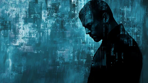 Solitary male silhouette dissolves into cold digital haze