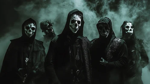 Hooded skull-masked figures stand in dense green fog