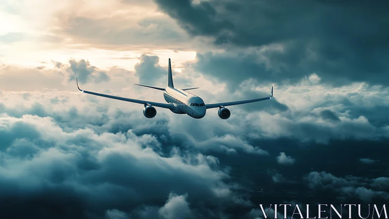 Twin‑engine airliner traversing turbulent cumuliform cloud deck.