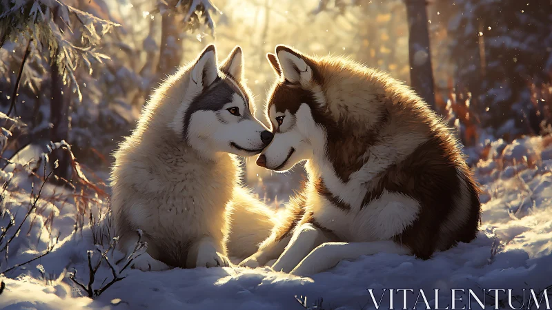 Snowy husky friends sharing a tender winter moment together.
