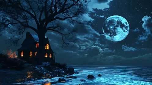 Moonlit seaside house under glowing full blue moon.