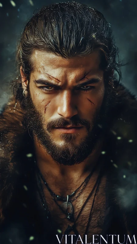 Scarred bearded warrior stares forward with intense focus