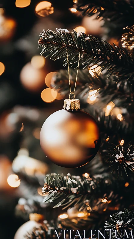 Gold Christmas bauble hangs on snowy evergreen branch