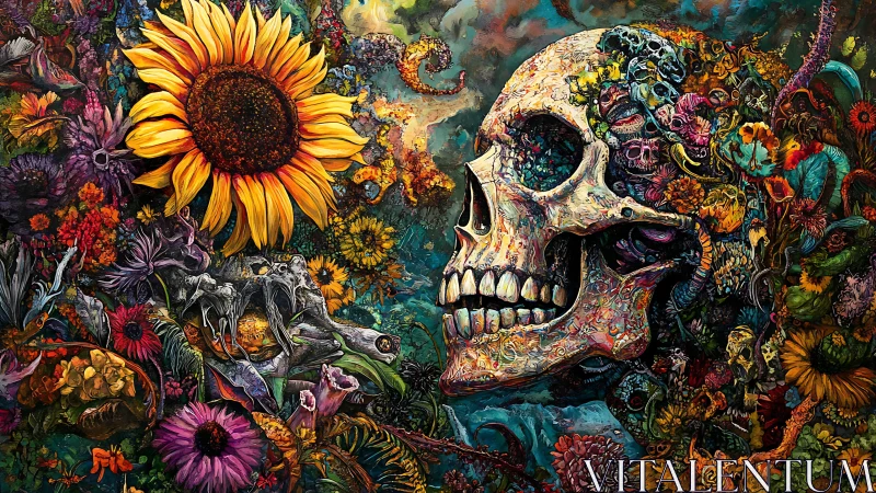 Floral encrusted human skull amid saturated botanical chaos