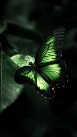 Emerald butterfly rests on leaf in dramatic shadowed light.