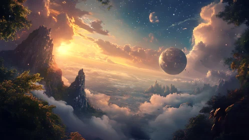 Fantasy sunrise over alien mountains and floating planet.