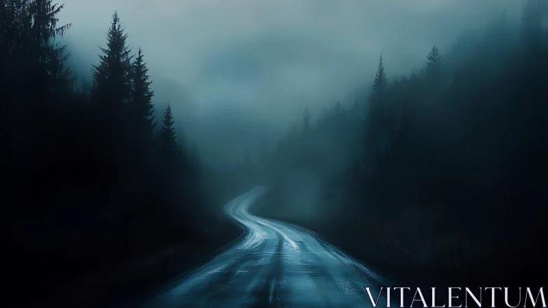 Nocturnal mist road through conifer forest, cinematic digital painting.