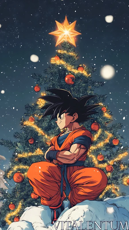Anime warrior in orange gi meditating before lit snowbound tree