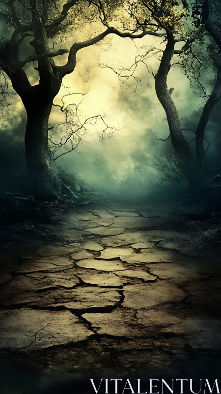 Fogbound forest path where cracked earth glows softly.