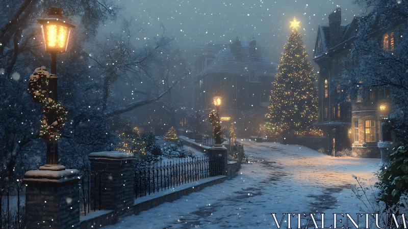 Snow-covered residential street with lit Christmas tree at dusk.