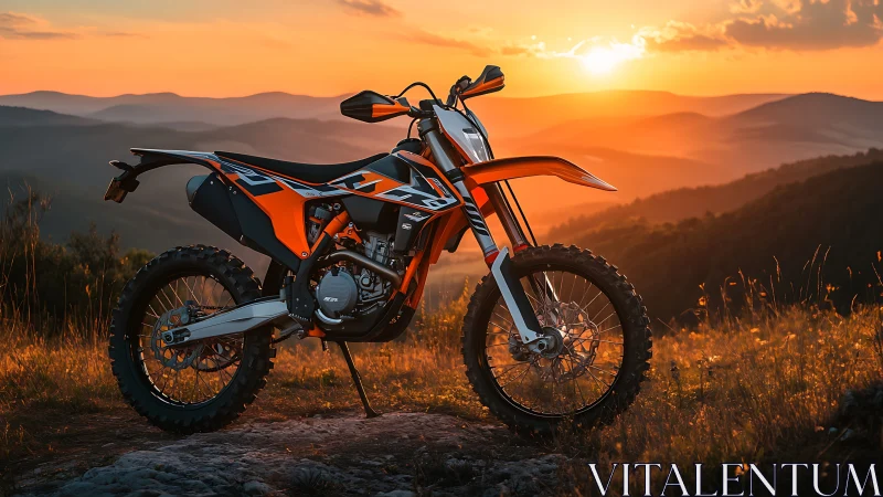 Orange off road motorcycle on hilltop at sunset landscape.