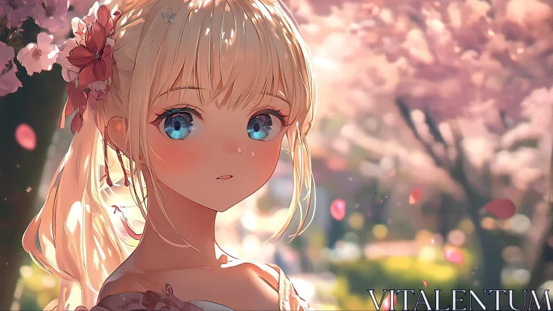 Blonde anime girl under cherry blossoms in soft focus.