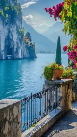 Lakeside terrace with flowers overlooking turquoise water.