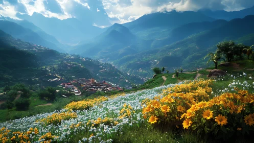 Mountain valley village below wildflower hillside meadow.