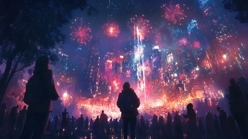 Firelit city skyline glows as a hopeful crowd gathers close