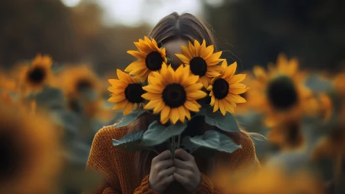 Photorealistic portrait with sunflowers and shallow depth of field.