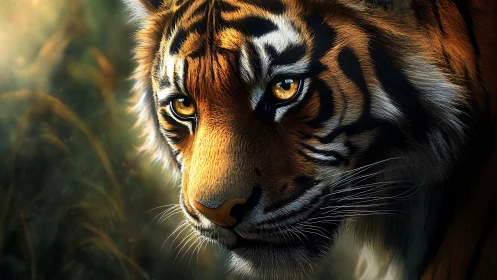 Tiger portrait under golden rim light, intense amber gaze.