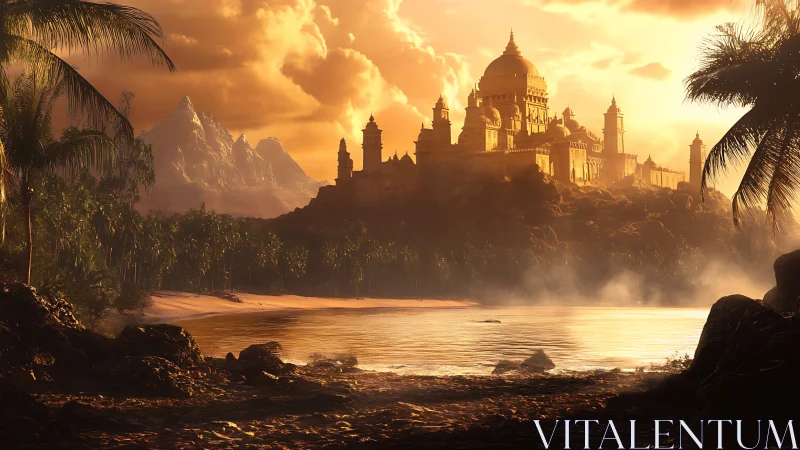 Coastal palace complex under dense sunset cloud cover.