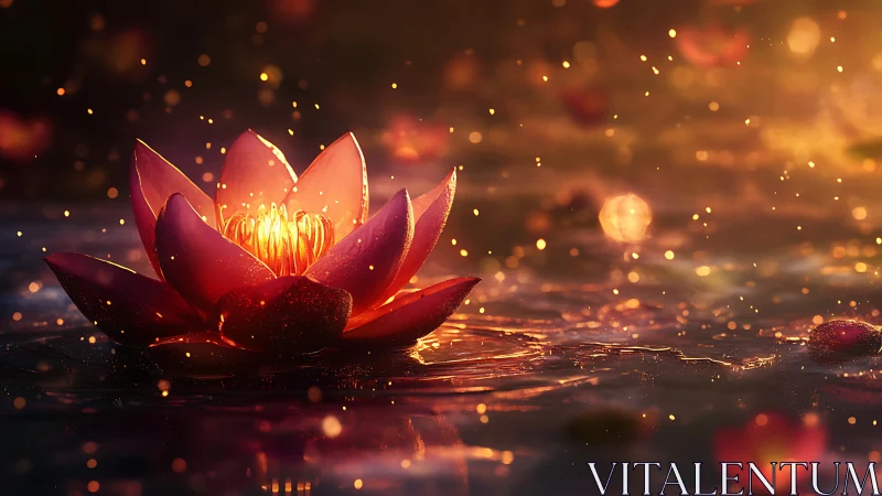 Glowing lotus afloat in golden evening sparkles.