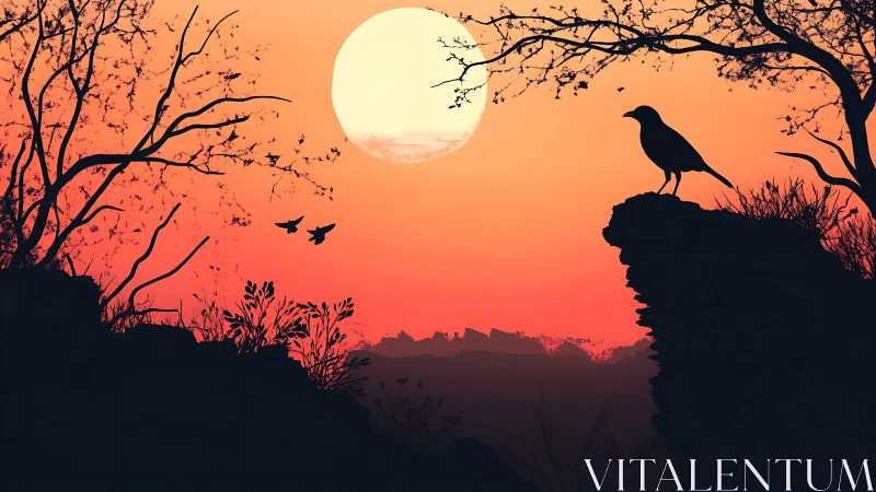 Sunlit crow silhouette over crimson dusk canyonscape.