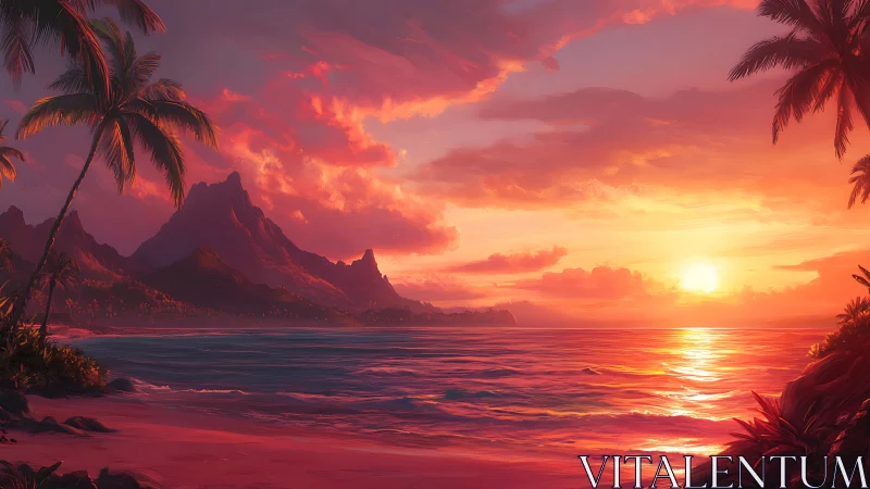 Radiant tropical sunset bathes palm-lined shore in color.