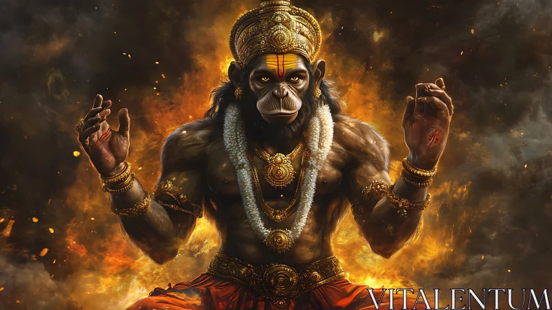 Mythic simian deity rendered with high-detail digital lighting and fire