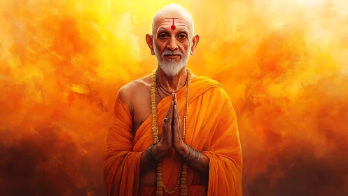 Monastic elder in saffron robe amid luminous orange diffusion.