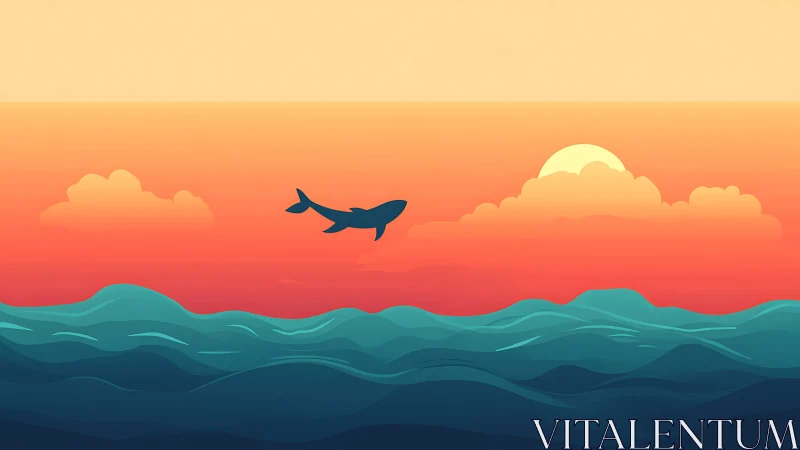 Skybound whale over teal waves at tangerine sundown.