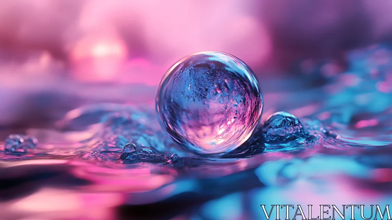 Iridescent water droplet rests on neon rippling surface