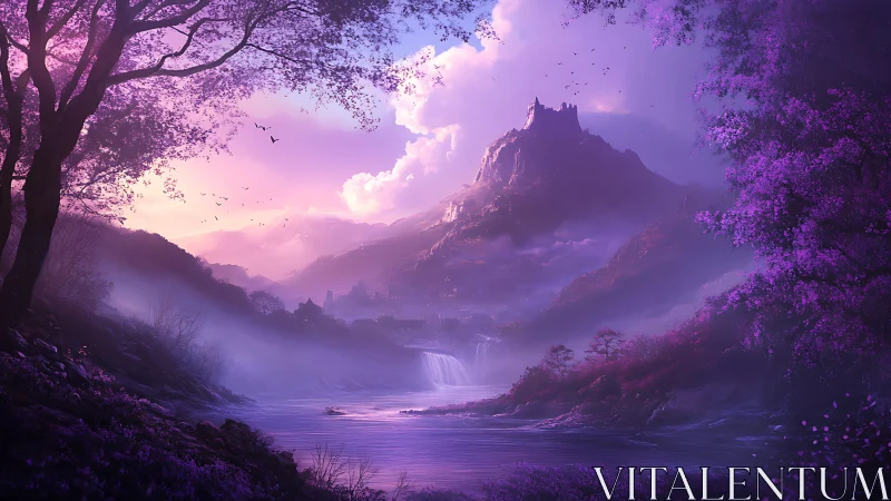 Fantasy mountain fortress overlooks misty violet river valley