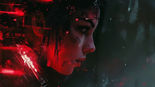 Cybernetic profile portrait integrates red neon circuitry and scars