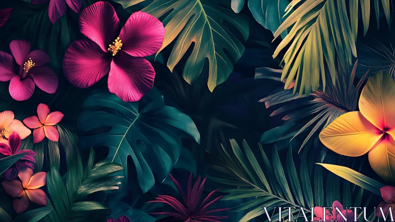 Tropical Floral Composition with Vibrant Hibiscus Blooms.