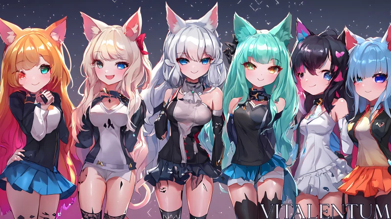 Colorful anime catgirls stand united under starry night sky.