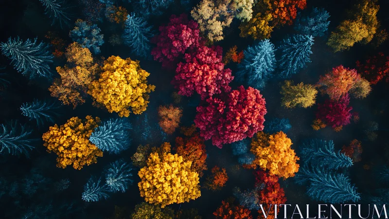 Autumn forest canopy in bold red, yellow and blue colors.