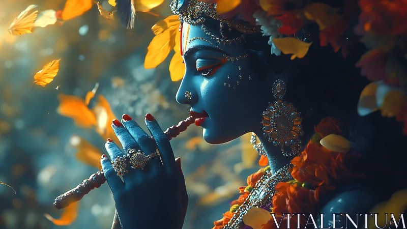 Blue divine figure plays flute amid swirling golden petals.