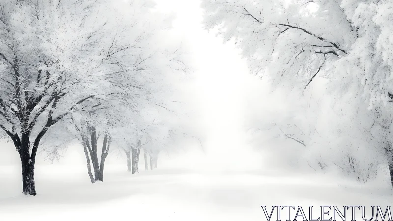 Snow-laden deciduous trees recede into a high-key winter mist