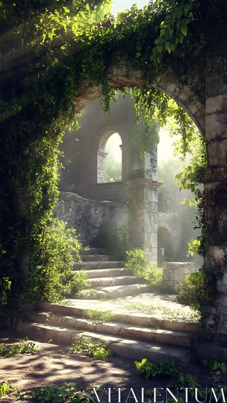 Stone arch and overgrown stairway in sunlit ruins.